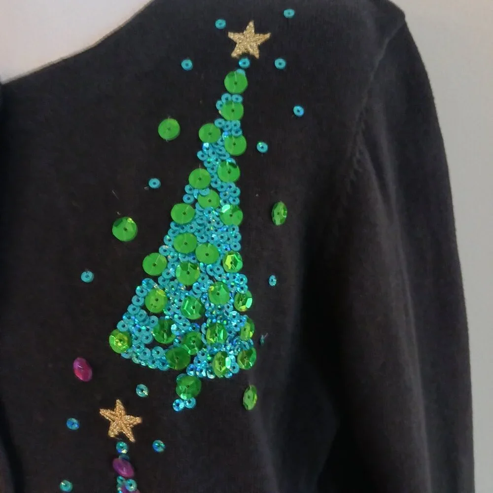 Quaker Factory NWOT Black Christmas Cardigan W/ Multi Color Sequins, Size Med.
